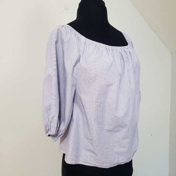 Maeve by Anthro Blue White Striped Elasticized Neck Cotton Poplin Crop Top XS - Picture 4 of 14